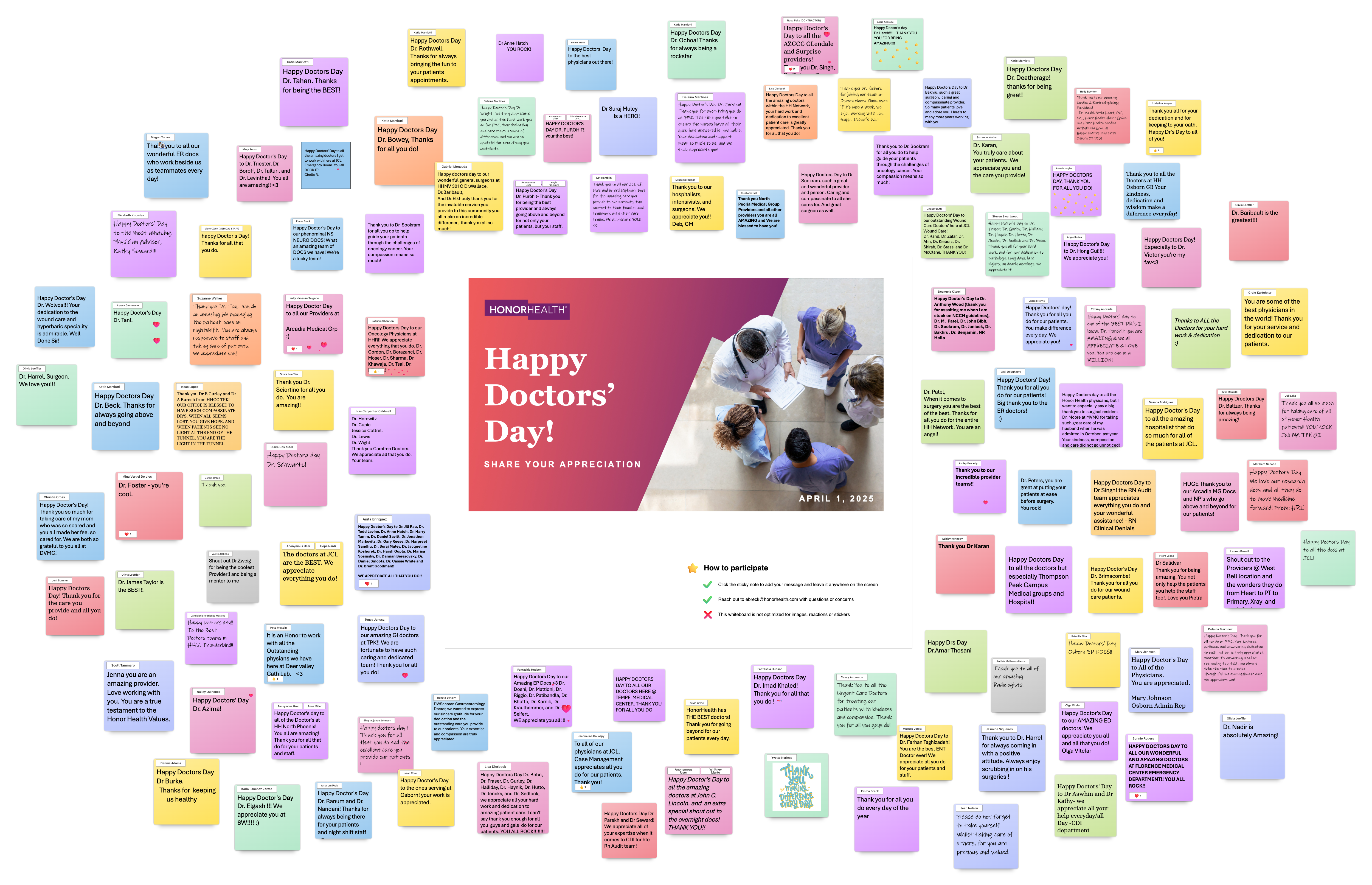 Thank you notes to doctors on virtual appreciation board.