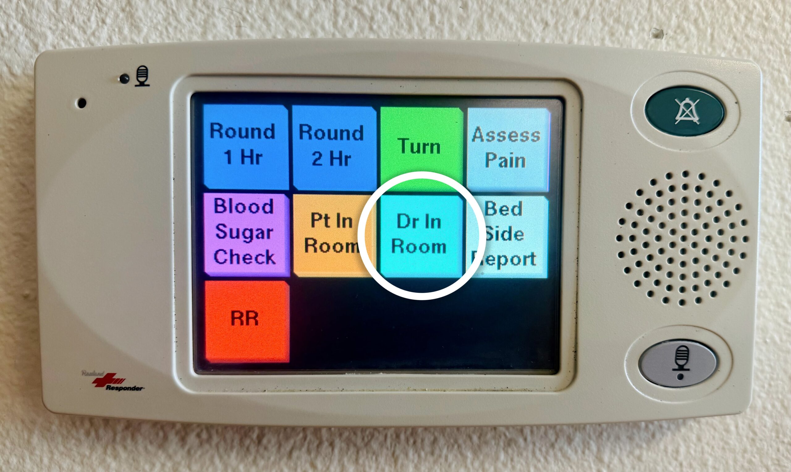 Image of the Responder 5 Staff Terminal with the teal "Dr In Room" button circled. 