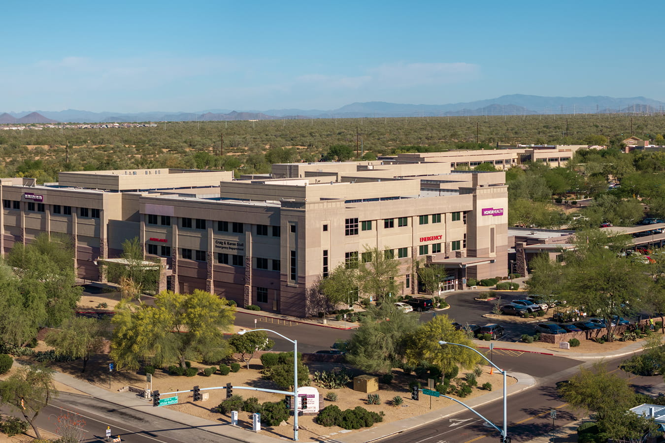 Exterior shot of Thompson Peak Medical Center with a blue sky background.
